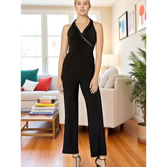 50% OFF NWT MARINA Black Matte Jersey Jumpsuit with Satin Shawl 12 MSRP: $139 - Picture 1 of 10